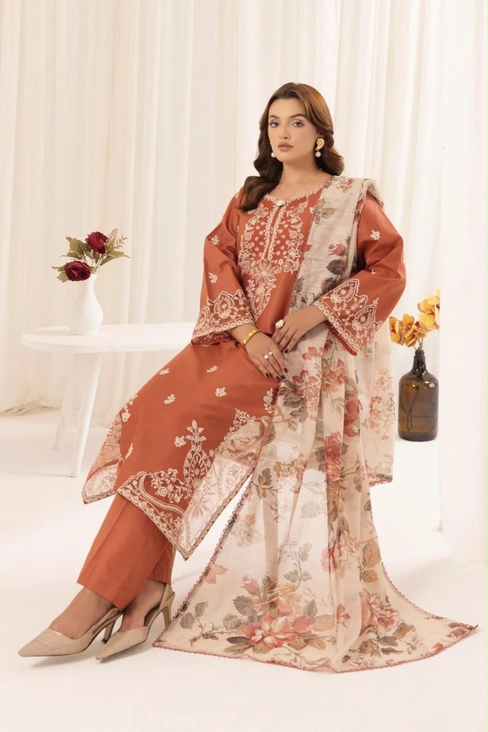 MOHAGNI Terracotta Heavy Embroidered Unstitched Dhanak 3 Piece Suit with Digital Printed Shawl – image 3 of 4
