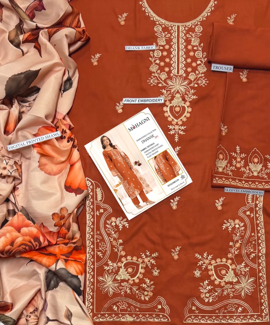 MOHAGNI Terracotta Heavy Embroidered Unstitched Dhanak 3 Piece Suit with Digital Printed Shawl – image 4 of 4