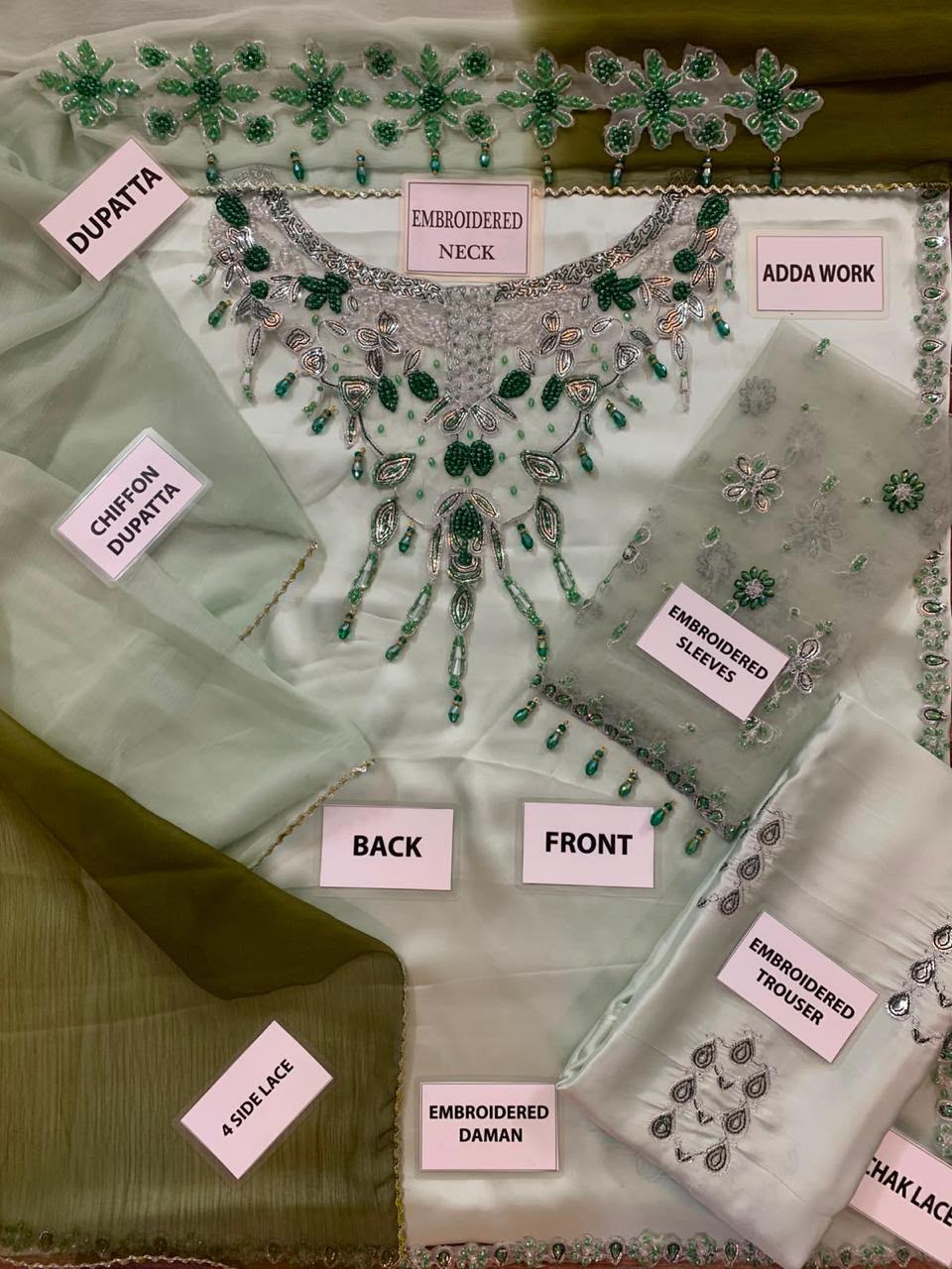 MURK Sage Green Heavy Embroidered Adda Work Shamoz Silk 3 Piece Unstitched Suit - detail view