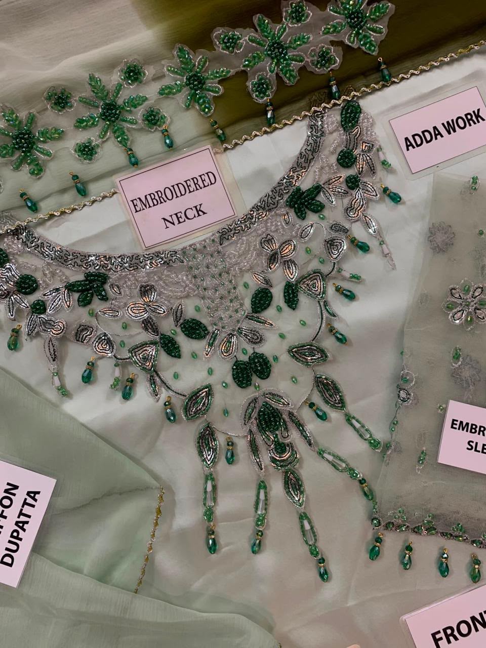 MURK Sage Green Heavy Embroidered Adda Work Shamoz Silk 3 Piece Unstitched Suit - full view