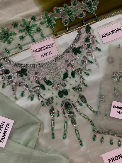 MURK Sage Green Heavy Embroidered Adda Work Shamoz Silk 3 Piece Unstitched Suit - full view