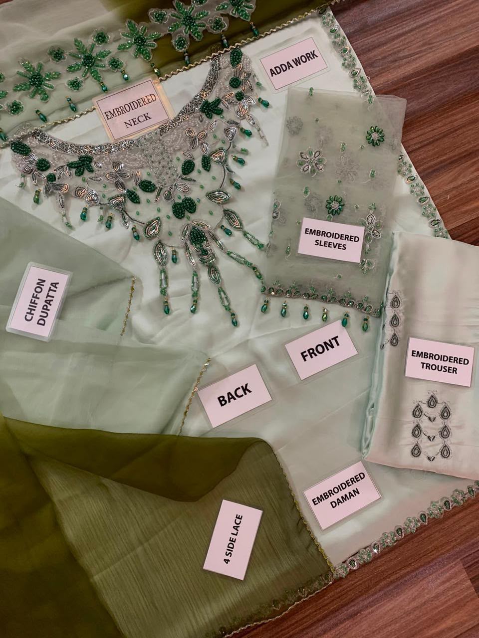 MURK Sage Green Heavy Embroidered Adda Work Shamoz Silk 3 Piece Unstitched Suit - additional detail view