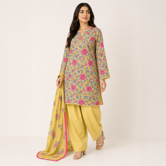 Mustard Floral Digital Print 3 Piece Lawn Suit – Inspired by Khaadi – image 1 of 2