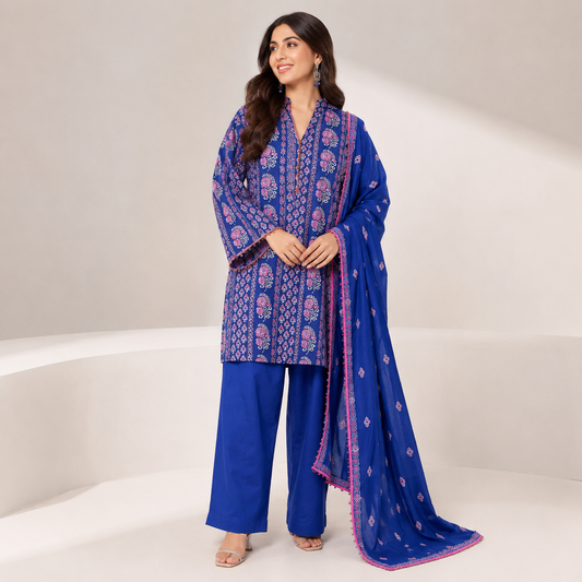 Navy Blue Paisley Digital Print 3 Piece Lawn Suit – Inspired by Khaadi – image 1 of 2