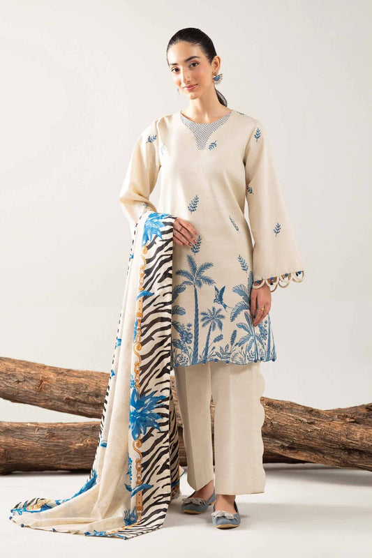 nishat Cream Blue Heavy Embroidered Unstitched Dhanak 3 Piece Suit with Digital Printed Shawl – image 1 of 4