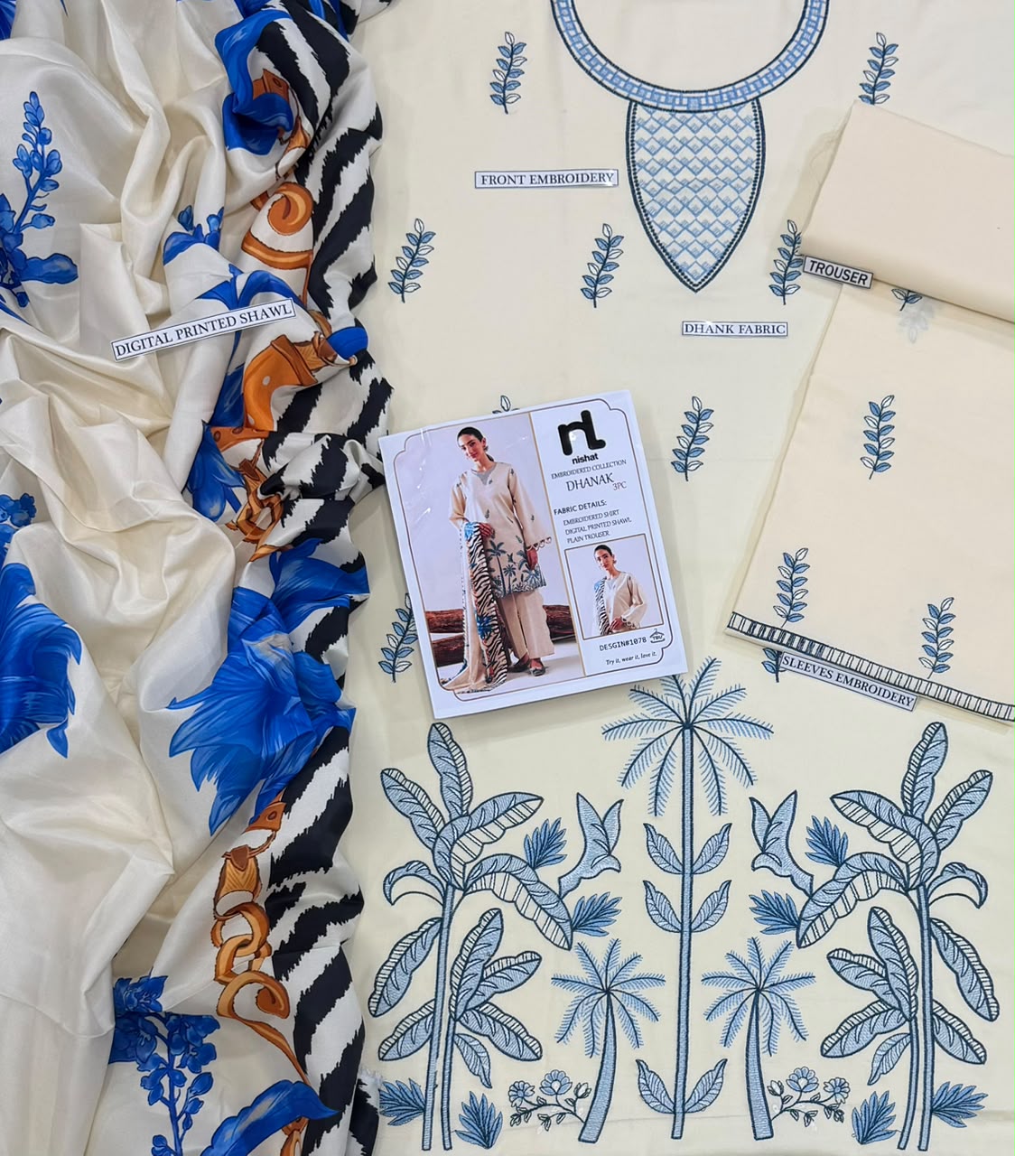 nishat Cream Blue Heavy Embroidered Unstitched Dhanak 3 Piece Suit with Digital Printed Shawl – image 4 of 4
