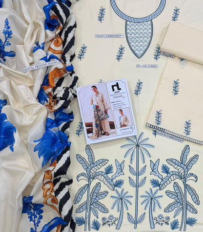 nishat Cream Blue Heavy Embroidered Unstitched Dhanak 3 Piece Suit with Digital Printed Shawl – image 4 of 4