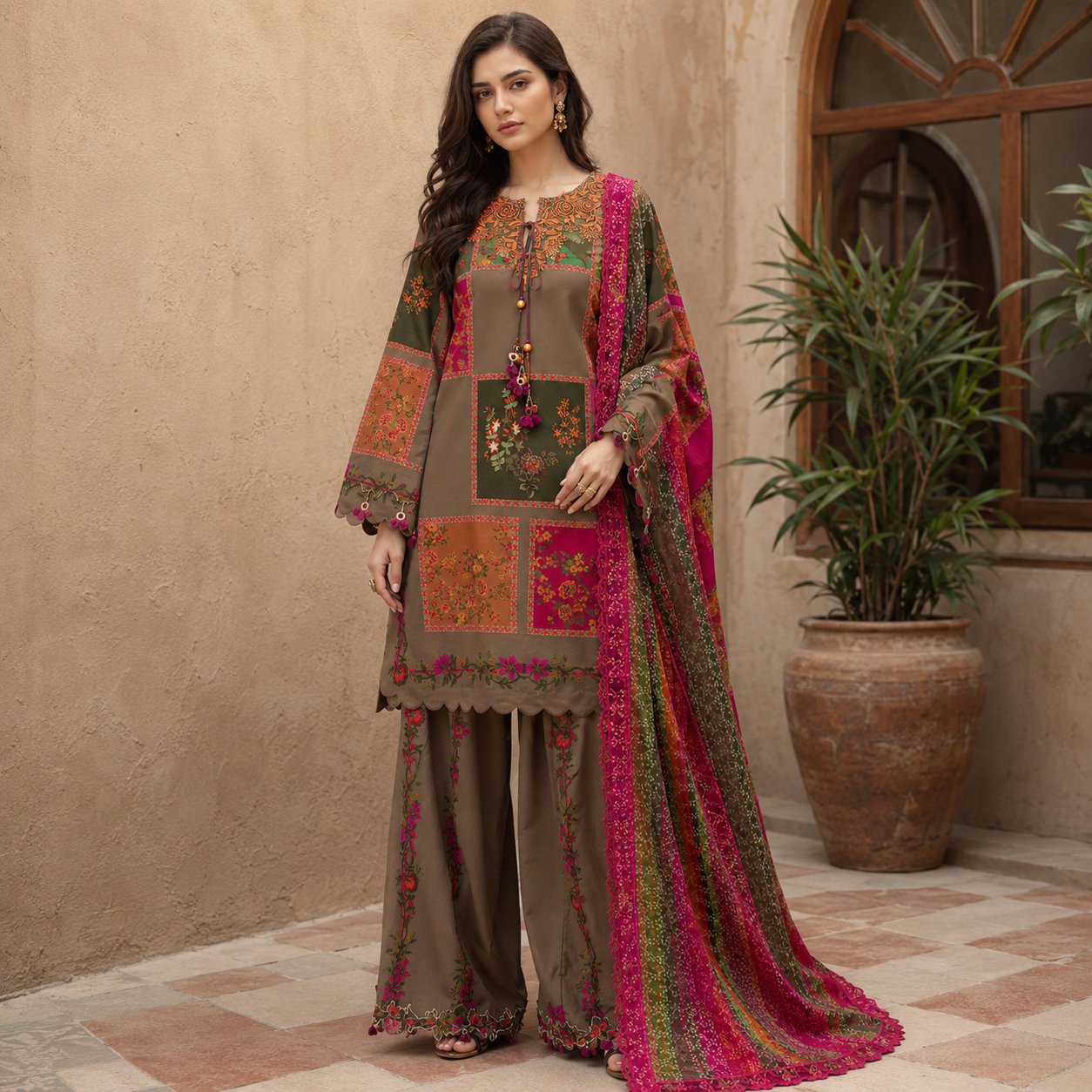 Olive Brown Patchwork Floral Digital Print 3 Piece Lawn Suit – Inspired by Charizma – image 1 of 3