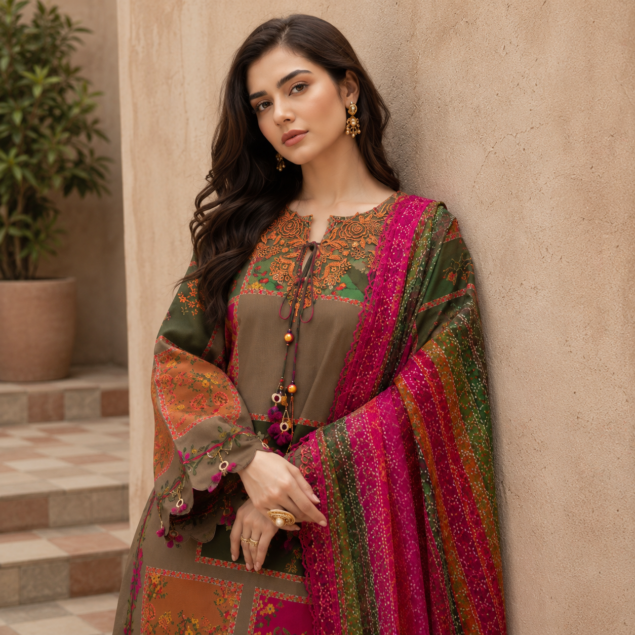 Olive Brown Patchwork Floral Digital Print 3 Piece Lawn Suit – Inspired by Charizma – image 2 of 3