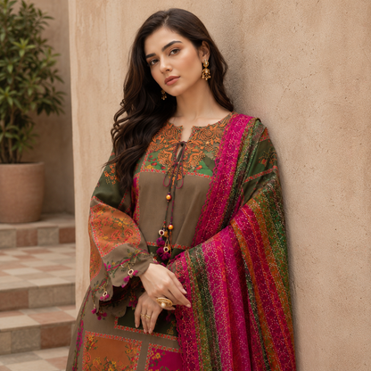 Olive Brown Patchwork Floral Digital Print 3 Piece Lawn Suit – Inspired by Charizma – image 2 of 3