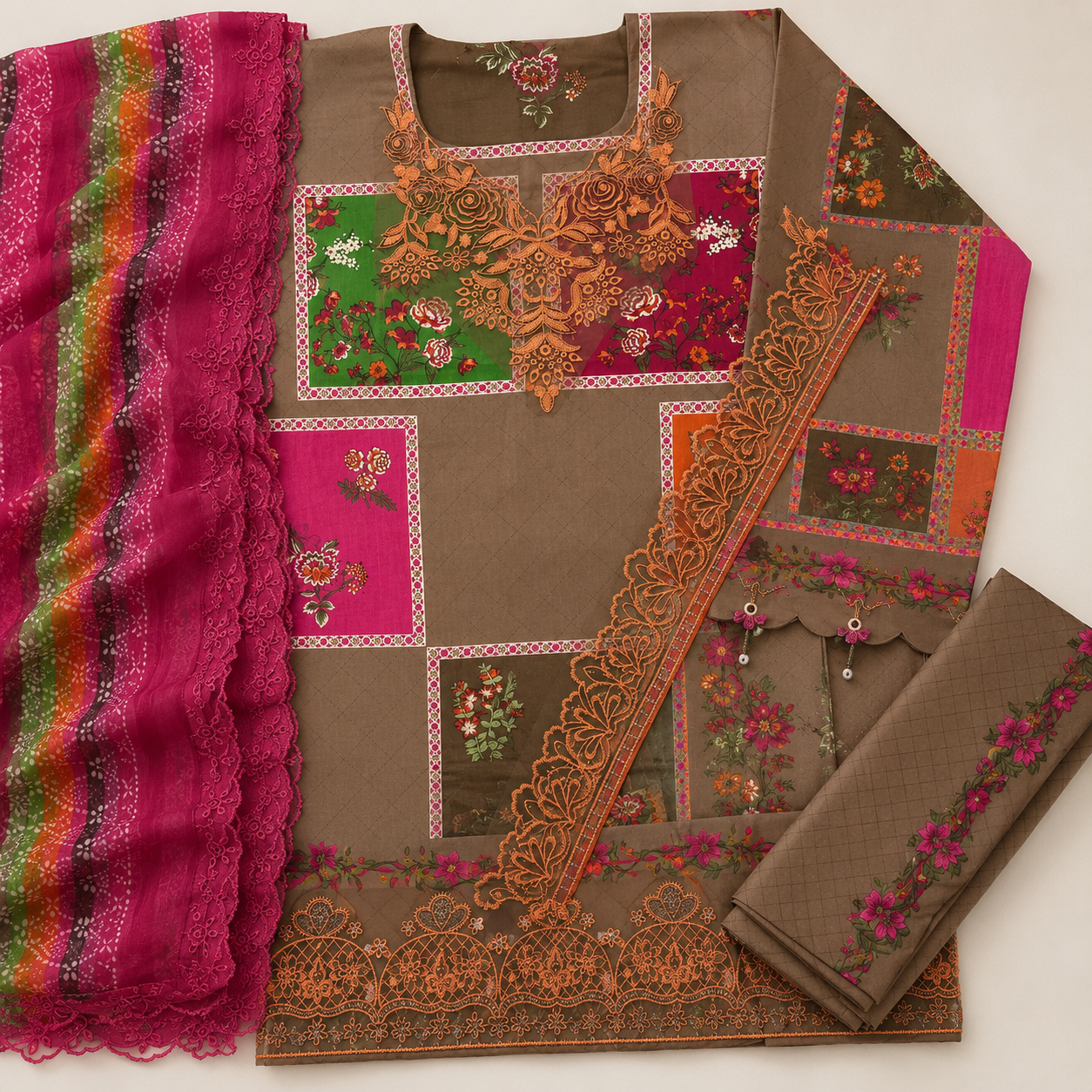 Olive Brown Patchwork Floral Digital Print 3 Piece Lawn Suit – Inspired by Charizma – image 3 of 3