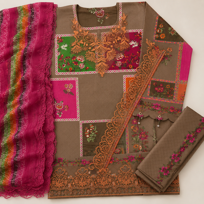 Olive Brown Patchwork Floral Digital Print 3 Piece Lawn Suit – Inspired by Charizma – image 3 of 3