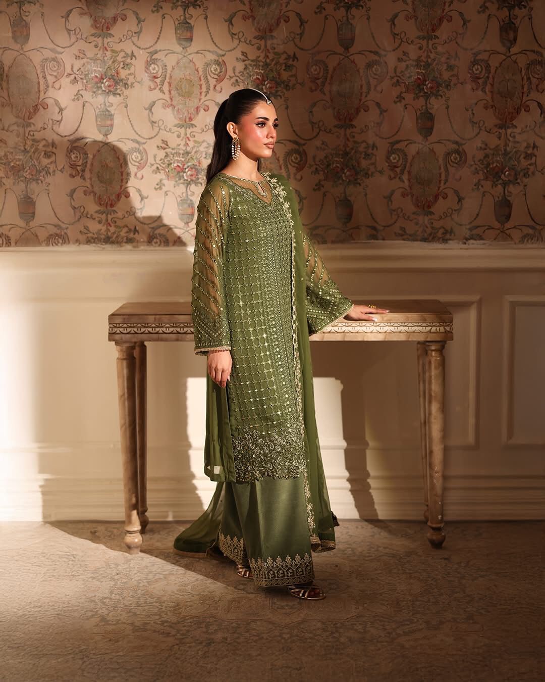 Jade Olive Green Heavy Embroidered 3 Piece Lawn Suit – image 1 of 8