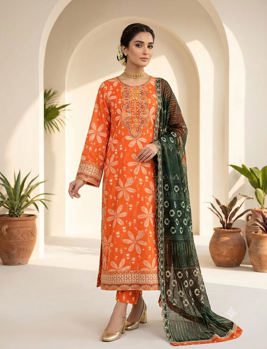 Orange Floral Digital Print 3 Piece Lawn Suit – Inspired by Aneela's – image 1 of 3