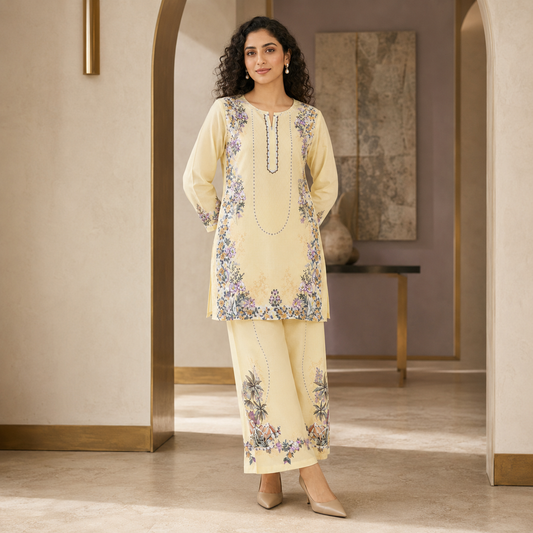 Pale Yellow Printed 2 Piece Co-ord Set – image 1 of 4