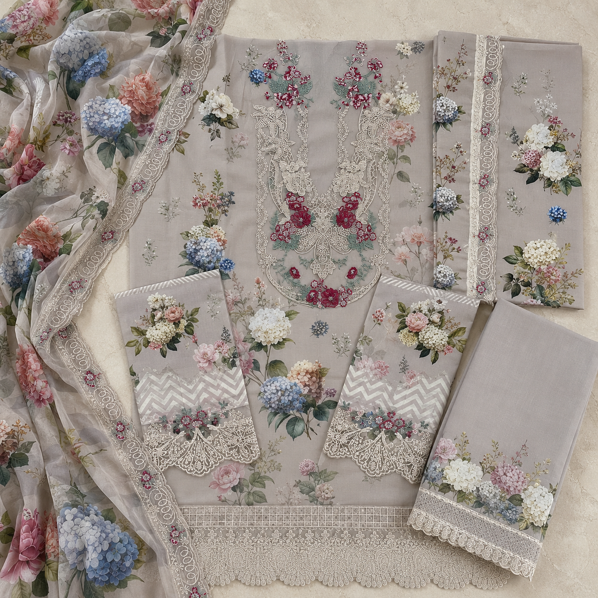 Elaf Pastel Floral Printed Lawn Suit with Lace Embroidered Neckline – image 3 of 3