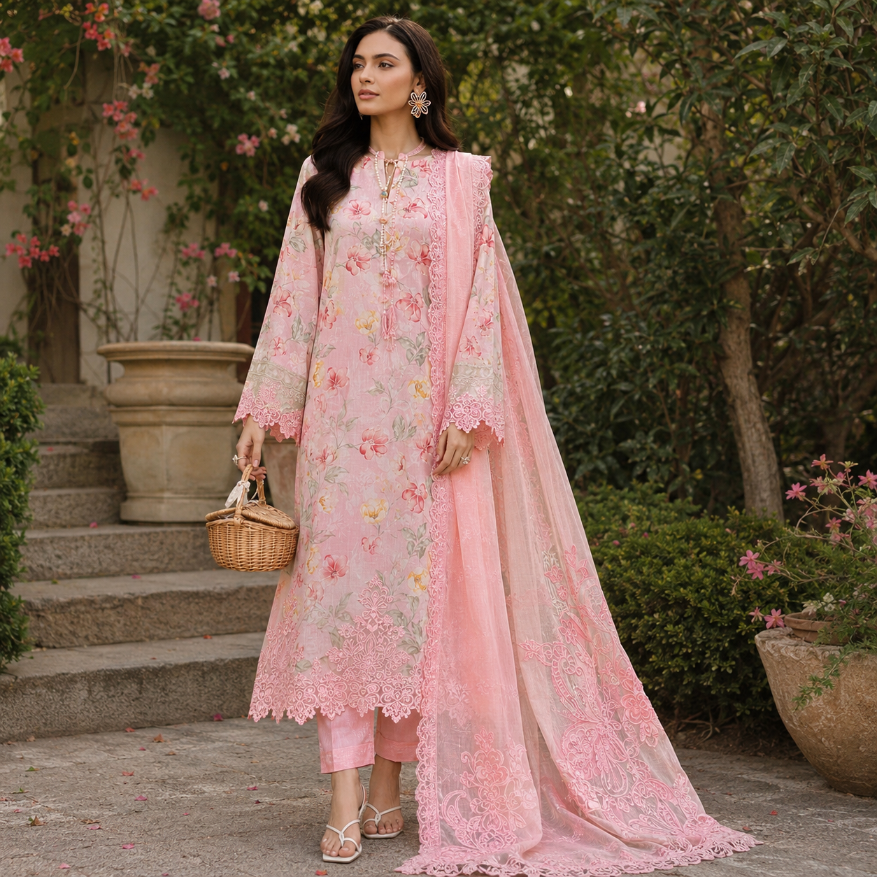 Peach Pink Floral Embroidered 3 Piece Unstitched Lawn Suit – image 1 of 3