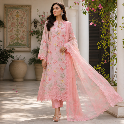 Peach Pink Floral Embroidered 3 Piece Unstitched Lawn Suit – image 2 of 3