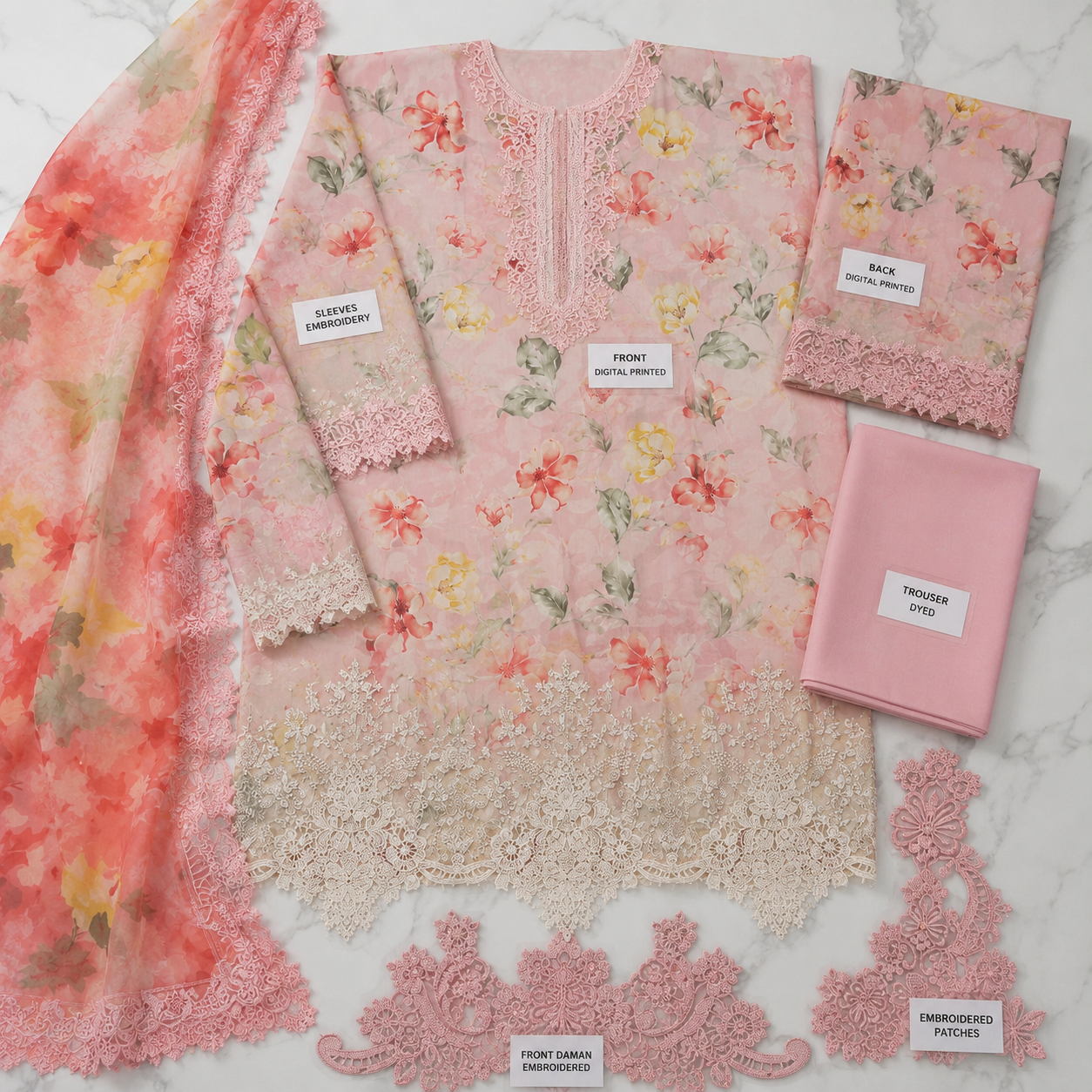 Peach Pink Floral Embroidered 3 Piece Unstitched Lawn Suit – image 3 of 3