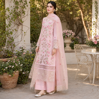 Pink Cutwork Embroidered 3 Piece Lawn Suit – image 1 of 3