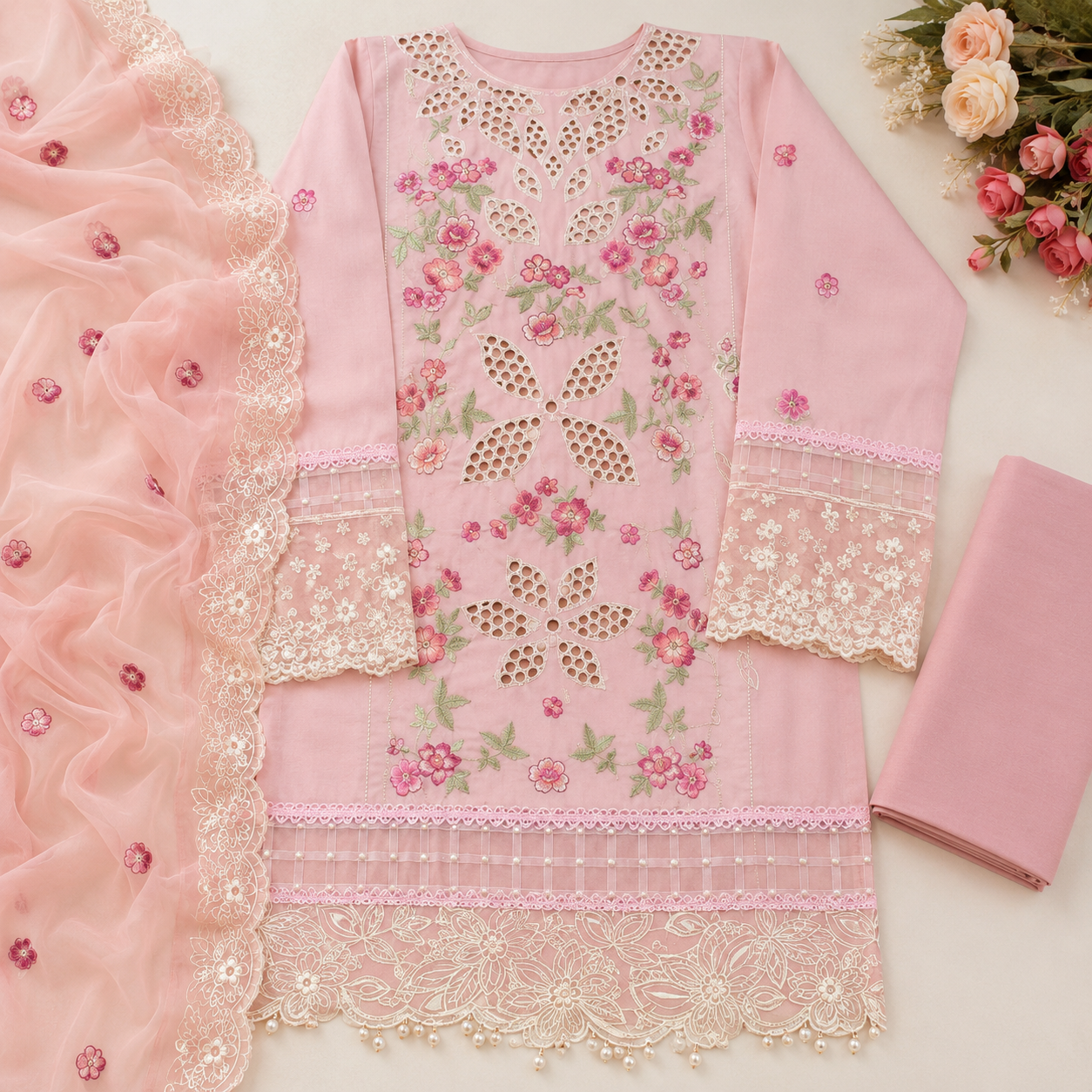 Pink Cutwork Embroidered 3 Piece Lawn Suit – image 3 of 3