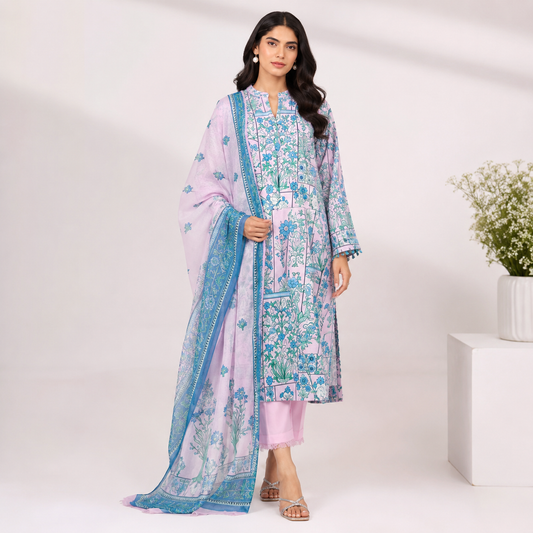 Pink Floral Digital Print 3 Piece Lawn Suit – Inspired by Khaadi – image 1 of 2