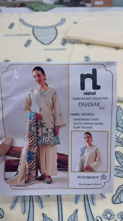nishat Cream Blue Heavy Embroidered Unstitched Dhanak 3 Piece Suit with Digital Printed Shawl