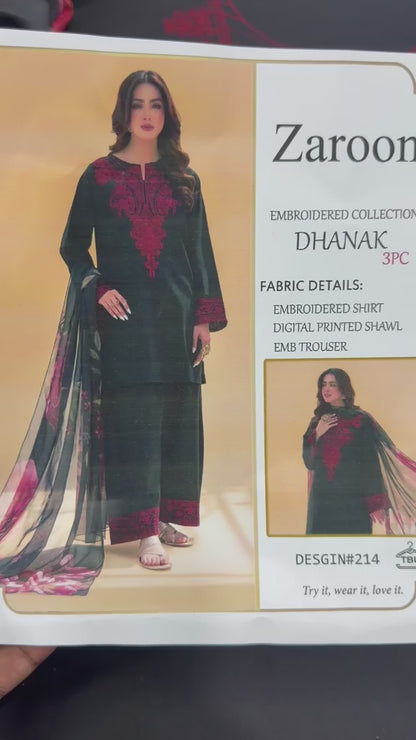 Zaroon Black Red Heavy Embroidered Unstitched Dhanak 3 Piece Suit with Digital Printed Shawl