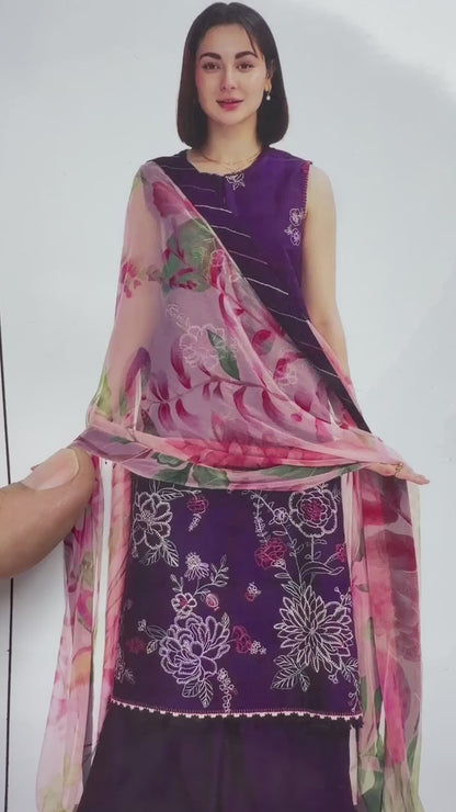 COCO by Zara Shahjahan Purple Embroidered Unstitched Dhanak 3 Piece Suit with Wool Shawl