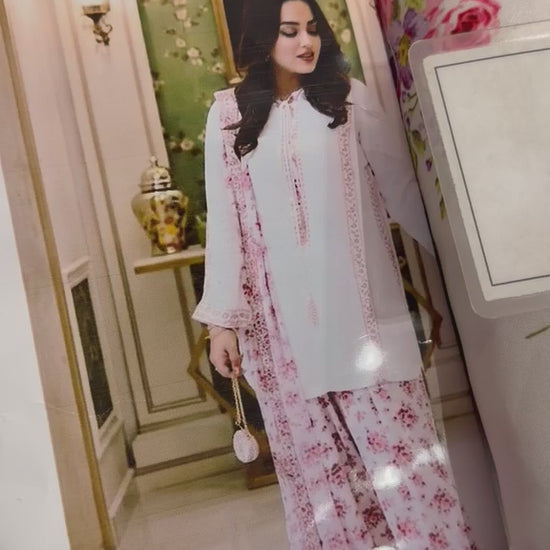Aneelies Collection White Pink Charmoush Silk Heavy Embroidered Spangle Work 3 Piece Unstitched Suit - video