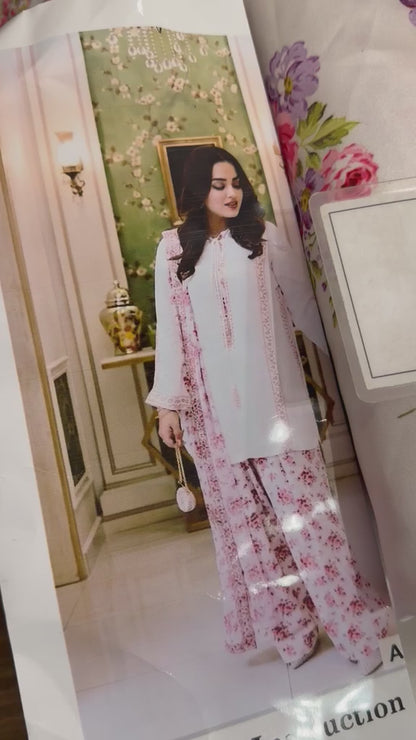 Aneelies Collection White Pink Charmoush Silk Heavy Embroidered Spangle Work 3 Piece Unstitched Suit - video