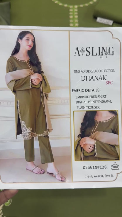 A'SLING Olive Green Heavy Embroidered Unstitched Dhanak 3 Piece Suit with Digital Printed Shawl