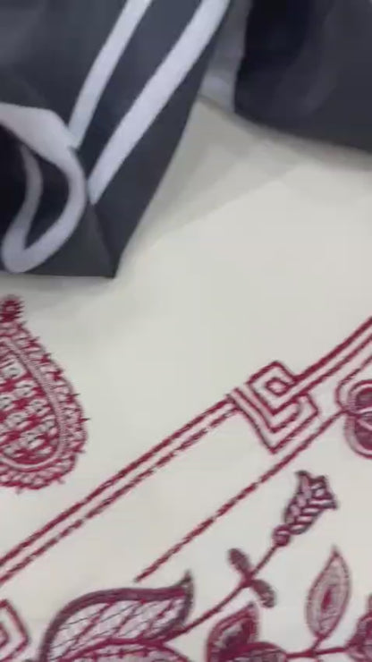COCO by Zara Shahjahan Ivory Maroon Heavy Embroidered Unstitched Dhanak 3 Piece Suit with Digital Printed Shawl