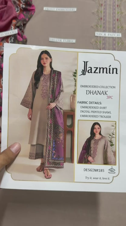 Jazmín Taupe Heavy Embroidered Unstitched Dhanak 3 Piece Suit with Digital Printed Shawl