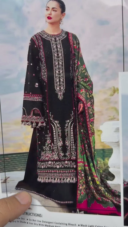Qalamkar Black Heavy Embroidered Unstitched Dhanak 3 Piece Suit with Wool Shawl