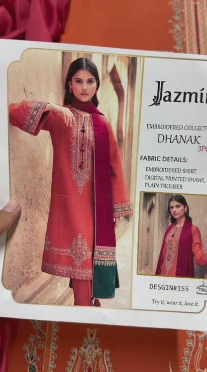 Jazmín Orange Heavy Embroidered Unstitched Dhanak 3 Piece Suit with Digital Printed Shawl