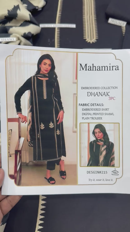 Mahamira Black Heavy Embroidered Unstitched Dhanak 3 Piece Suit with Digital Printed Shawl