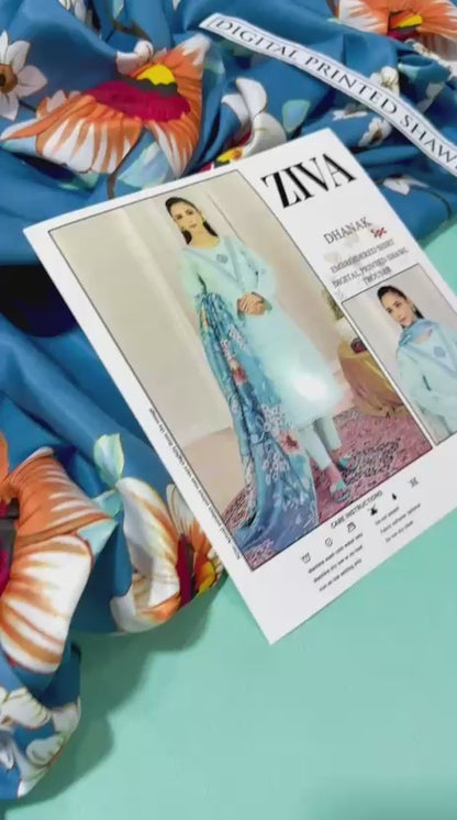 ZIVA Mint Heavy Embroidered Unstitched Dhanak 3 Piece Suit with Digital Printed Shawl