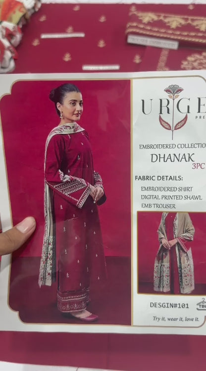 Magenta Olive Heavy Embroidered Unstitched Dhanak 3 Piece Suit with Digital Printed Shawl