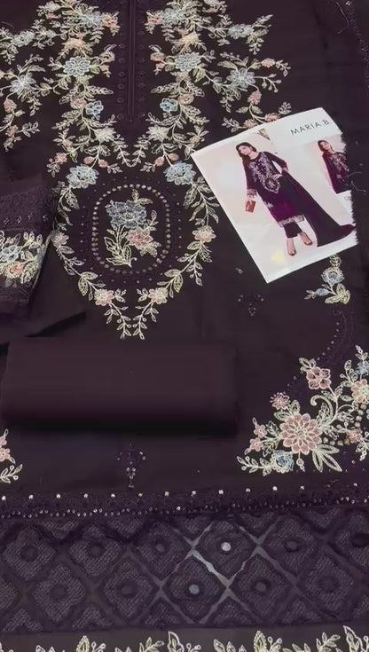 Maria.B Plum Embroidered Unstitched Dhanak 3 Piece Suit with Embroidered Shawl