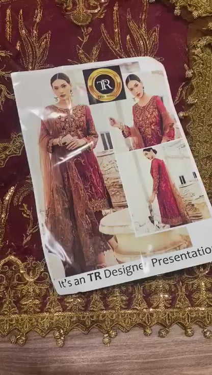IZNIK Maroon Heavy Embroidered Unstitched Chiffon 3 Piece Suit