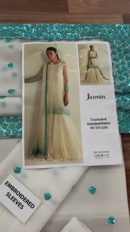 Jazmin Ivory Sequin Embellished Unstitched Chiffon Suit with Silk Trouser