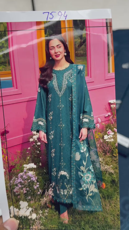 Ally's Teal Heavy Embroidered Unstitched Dhanak 3 Piece Suit with Wool Shawl