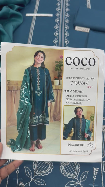 COCO by Zara Shahjahan Navy Blue Heavy Embroidered Unstitched Dhanak 3 Piece Suit with Digital Printed Shawl