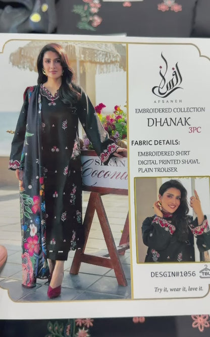 Black Floral Heavy Embroidered Unstitched Dhanak 3 Piece Suit with Digital Printed Shawl