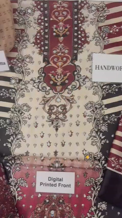 LULUSAR Ivory Maroon Most Demanding Edition Heavy Embroidered Digital Printed Shamoz Silk 3 Piece Unstitched Suit - video