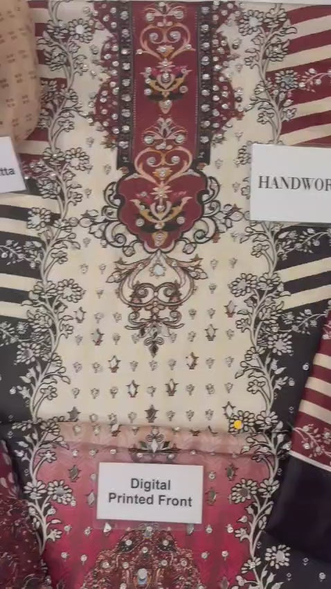 LULUSAR Ivory Maroon Most Demanding Edition Heavy Embroidered Digital Printed Shamoz Silk 3 Piece Unstitched Suit - video