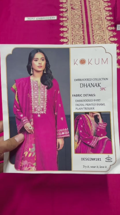 KOKUM Magenta Heavy Embroidered Unstitched Dhanak 3 Piece Suit with Digital Printed Shawl