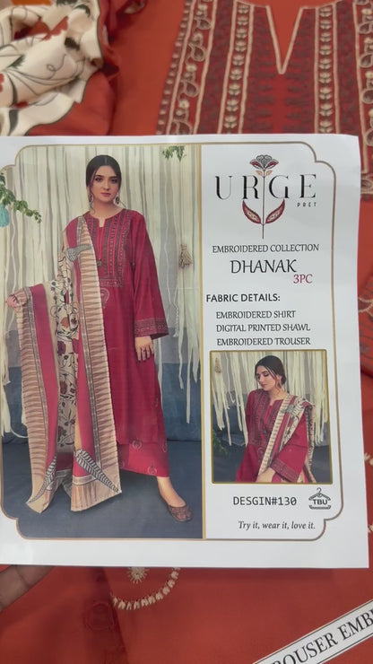 URGE Rust Heavy Embroidered Unstitched Dhanak 3 Piece Suit with Digital Printed Shawl
