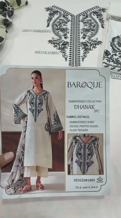 BAROQUE Ivory Heavy Embroidered Unstitched Dhanak 3 Piece Suit with Digital Printed Shawl